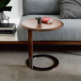 Refined Porada Jok side table with Canaletto walnut top and Black Chromed metal base crafted in a sleek circular design