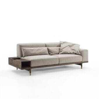 Refined Porada Argo sofa container with Canaletto walnut structure, brushed brass feet and light-grey fabric upholstery