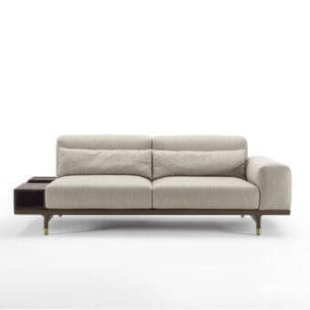 Exceptional Porada Argo sofa container with light beige textile upholstery and solid Canaletto walnut structure in brushed brass finish