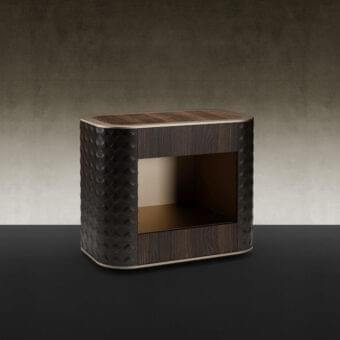 Distinguished Reflex San Marco nightstand with wooden structure, shiny Canaletto Hennè finish and quilted fabric upholstery
