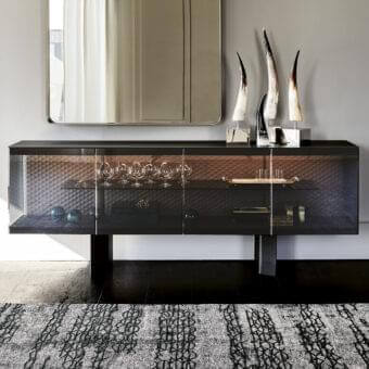 Elegant Cattelan Italia Boutique sideboard with black embossed steel, fumé glass, and black painted frosted glass finish