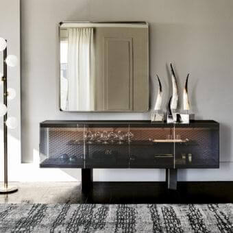 Distinguished Cattelan Italia Boutique sideboard with fumé and black painted glass doors, plus black embossed lacquered steel frame and quilted interior