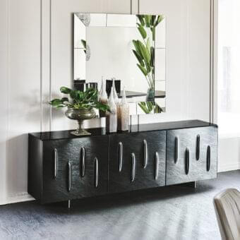 Superior Cattelan Italia Carnaby sideboard with moka lacquered structure and smoked grey convex mirrored glass doors