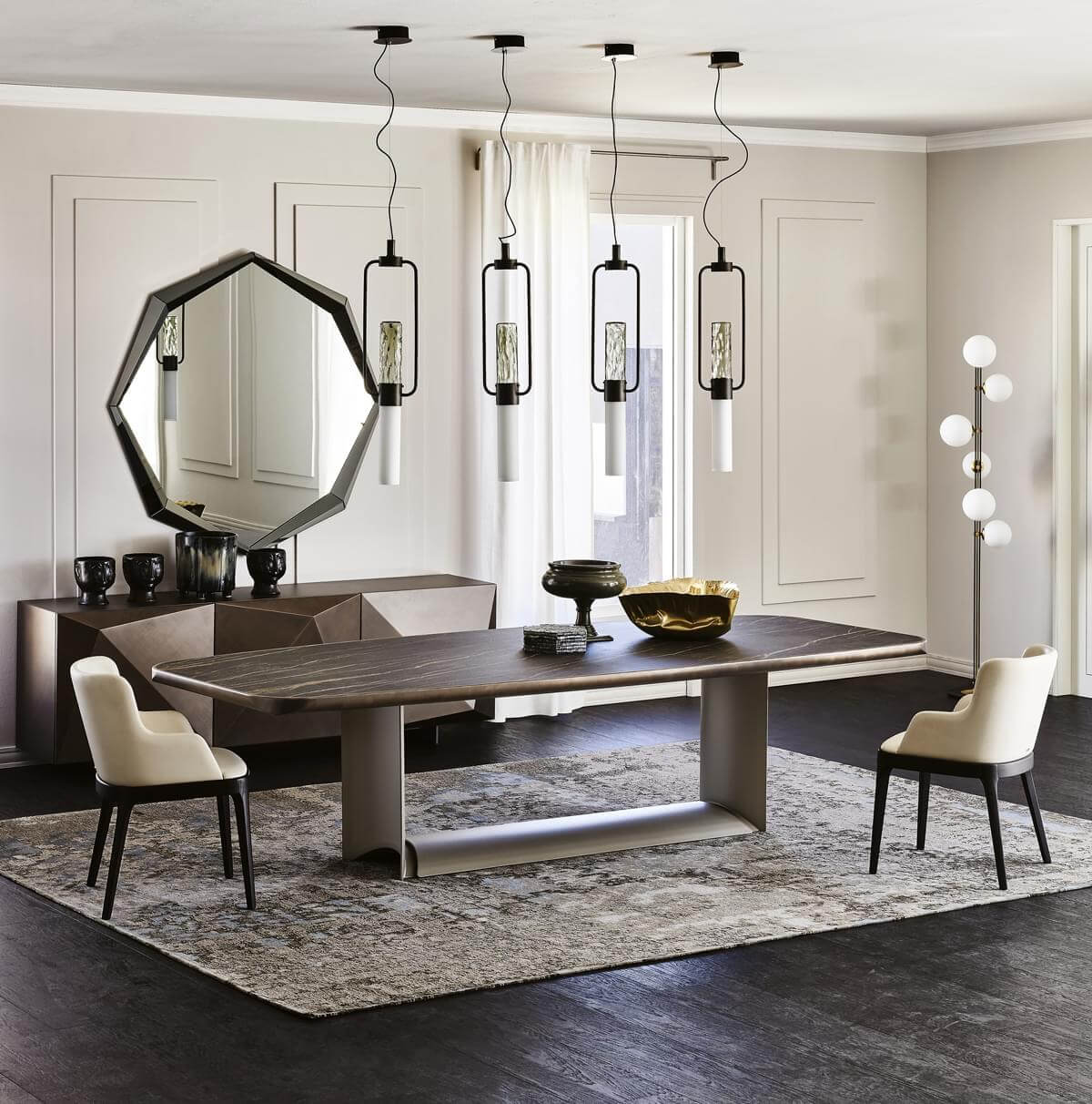 Superior Cattelan Italia Dragon table with ceramic Marmi Makalu top and graphite embossed lacquered steel base in a matte finish