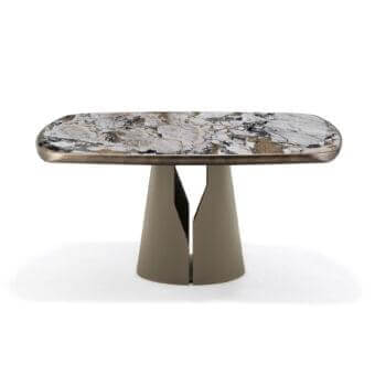 Mottled rectangular surface with gray, brown and off-white veining rests on a bifurcated trapezoidal base in a muted beige tone