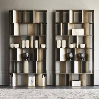 Exceptional Cattelan Italia Nautilus bookcase crafted in embossed lacquered steel with a warm bronze finish and light gray panels