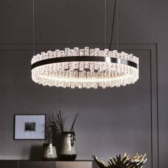 Exceptional Cattelan Italia Phoenix suspension lamp crafted in brushed steel with arranged crystal elements and polished reflective finish