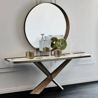 Superior Cattelan Italia Terminal Keramik console with mottled beige, brown, and gray veined ceramic and satin medium-brown wood base