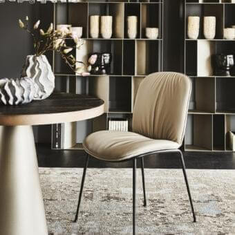 Exclusive Cattelan Italia Tina chair with light beige fabric upholstery and graphite embossed lacquered steel frame