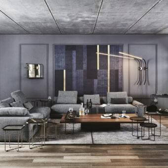 Superior Arketipo Atlas sectional with light gray textile upholstery and textured finish embodies cosmopolitan style