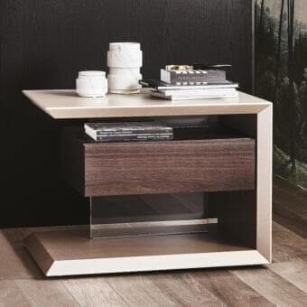 Elegant Cattelan Italia Biagio nightstand with high-gloss white lacquered structure and Canaletto walnut drawer built with a transparent panel