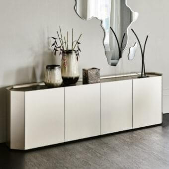 Distinguished Cattelan Italia Chelsea sideboard with a matt lacquered wood body and bronze mirrored glass top crafted with clear glass shelving