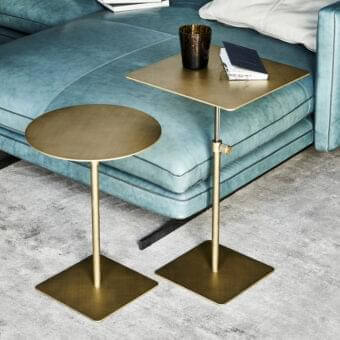 Superior Cattelan Italia Step table with circular top and square base crafted in brushed brass metal with black chrome adjustable mechanism