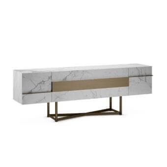 Exclusive Reflex Musa sideboard with marble glass exterior and light brown wood, built with a dark bronze geometric base