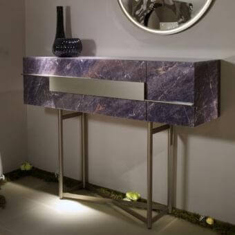 Exceptional Reflex Musa sideboard with purple marble glass, reddish-brown veining and glossy finish built with a bronze metal base and lighting