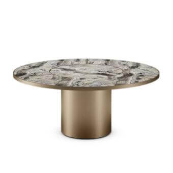 Circular surface with gray, beige and green veining rests on a gradient metallic cylindrical base