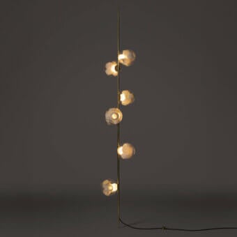Exceptional Bocci 38V Stem floor lamp with clear glass and milk white shades in brass finish