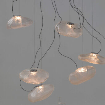 Superior Bocci 73 sculptural cable suspension lamp with translucent blown glass and brushed nickel canopy