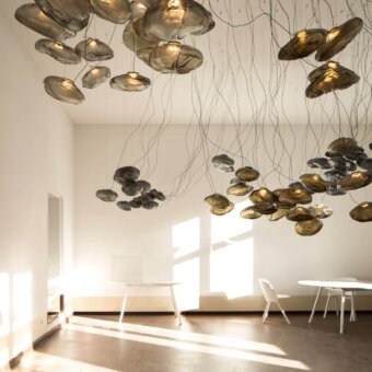 Distinguished Bocci 73 sculptural cable suspension lamp with smoky grey blown glass and braided metal coaxial cable construction