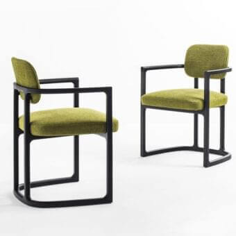 Innovative Porada Serena armchair with vibrant green textile upholstery and sleek black solid ash wood frame