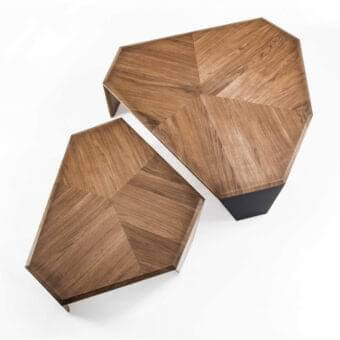 Exceptional Porada Tortuga coffee table crafted in canaletto walnut with inlayed veneer and black matt metal legs