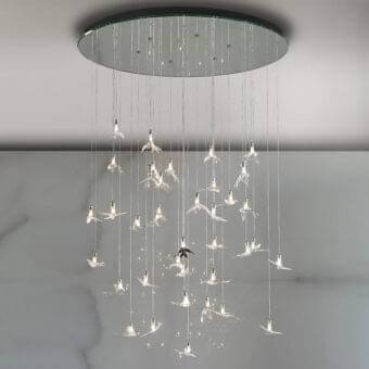 Exclusive Reflex Rondini suspension lamp with transparent Murano glass swallow pendants and mirrored support
