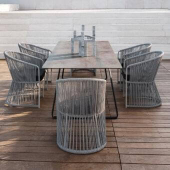 Distinctive Varaschin Tibidabo armchair with woven construction in Perla Brown Rope and grey, showcasing an intricately textured finish