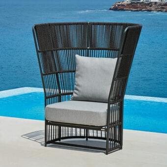 Exceptional Varaschin Tibidabo high lounge chair with dark charcoal woven material and light gray textile cushion with textured finish