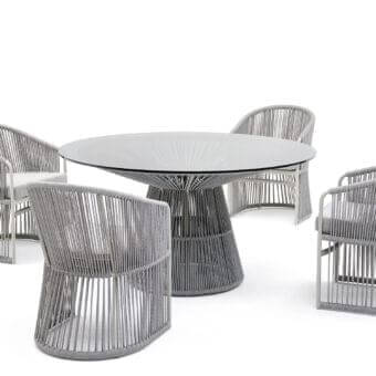 Distinctive Varaschin Tibidabo table crafted with Silk Grey aluminum and hand-woven Perla Rope with a transparent glass tabletop