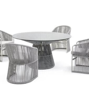 Elegant Varaschin Tibidabo table with round lines built in silk grey powder-coated aluminum and perla rope weaving with transparent glass