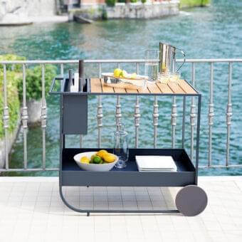 Superior Potocco Butler bar cart with Iroko wood top and dark gray matte metal frame offering a modern aesthetic