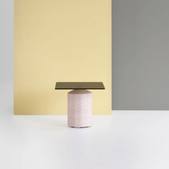 Exceptional Potocco Hishi side table with light pink ceramic base and sleek rectangular top crafted with bronzed brass detail