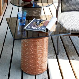 Elegant Potocco Hishi side table with terracotta ceramic base, bronzed glass top and slender angled bronzed brass legs