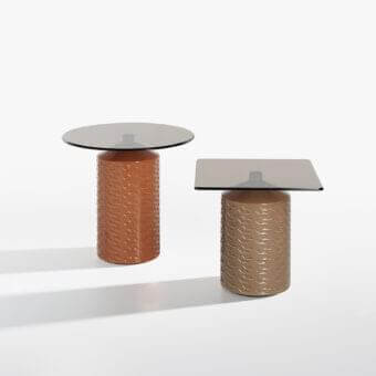 Exceptional Potocco Hishi side table with light beige ceramic base and smoky gray bronzed glass top