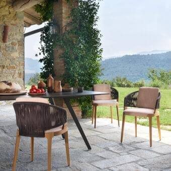 Exceptional Potocco Velis armchair with solid Iroko wood structure and dark brown “Gassa” cord woven back