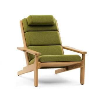 Refined Varaschin Bali Bergere lounge chair with vibrant green fabric and light Teak wood frame crafted for outdoor use