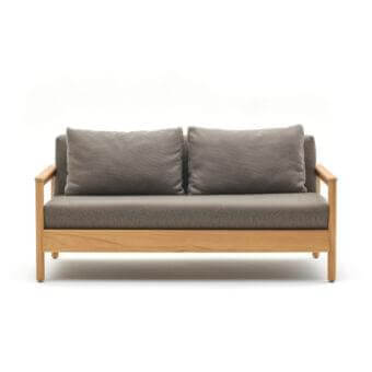 Distinguished Varaschin Bali sofa with comfortable gray textile cushions and plantation-certified solid teak frame