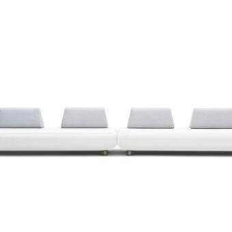 Distinguished Varaschin Bento sectional with okume wood and aluminum, upholstered in white textile with light gray back cushions