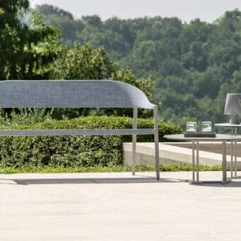 Exceptional Varaschin Clever sofa with curved silhouette crafted in light and dark gray VAR#TEX and powder-coated aluminum frame
