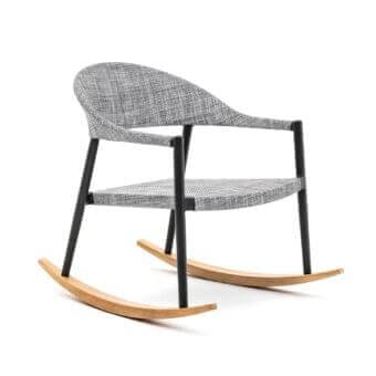 Gray and white patterned seat and backrest supported by dark curved rods and light wood-like rocking elements