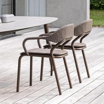 Distinguished Varaschin Noss armchair crafted with aluminum and durable polypropylene fiber rope in a muted brown-grey palette