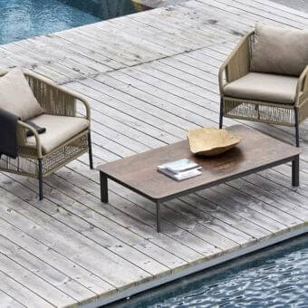 Exclusive Varaschin System coffee table with a dark brown wood-like HPL top and matte powder-coated aluminum structure