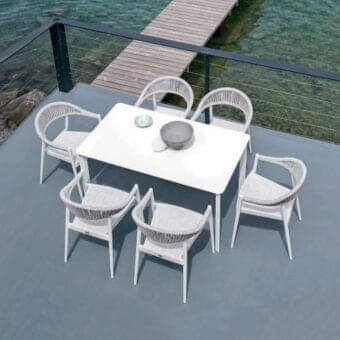 Distinguished Varaschin System table with powder-coated aluminum structure and durable HPL tabletop in light neutral white coloration