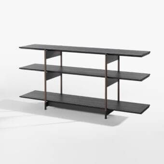 Elegant Potocco Arial bookcase with three wooden shelves and bronzed brass supports in a dark finish