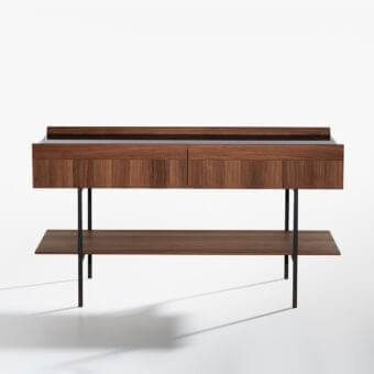 Distinguished Potocco Arial console crafted with solid wood and Canaletto ash, featuring a satin finish with bronzed brass metal accents