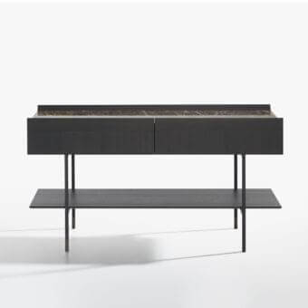 Distinguished Potocco Arial console with Canaletto ash lower surface and bronzed brass legs built with a marble-effect top and dark wood drawers