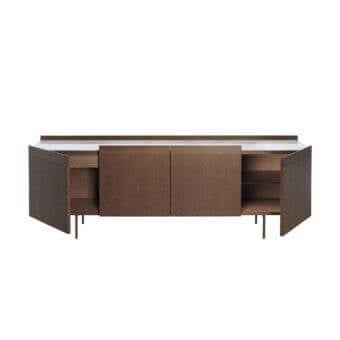 Superior Potocco Avant sideboard crafted with veneered ash, light back-painted glass top and medium brown finish
