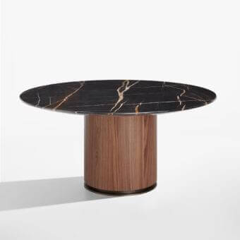 Exclusive Potocco Otab table with oval black marble-like surface and stained Canaletto walnut cylindrical base crafted with bronzed brass detail