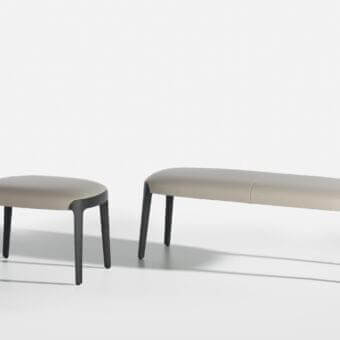Exceptional Potocco Velis bench with fully padded seat in light gray textile or leather and solid Canaletto walnut frame