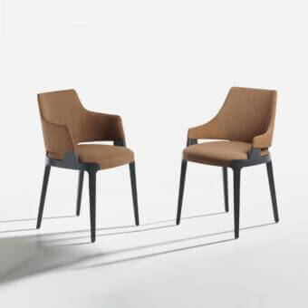 Distinguished Potocco Velis armchair with light brown textile upholstery and Canaletto walnut frame